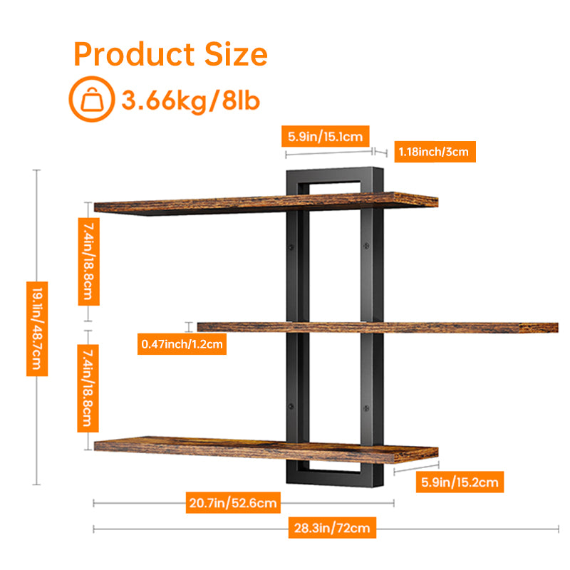 Rustic Wood & Metal Floating Shelves - Wall Mounted Storage for Kitchen/Bathroom
