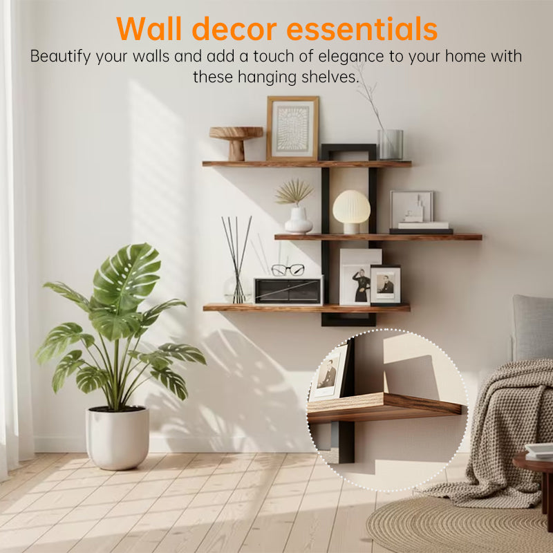 Rustic Wood & Metal Floating Shelves - Wall Mounted Storage for Kitchen/Bathroom