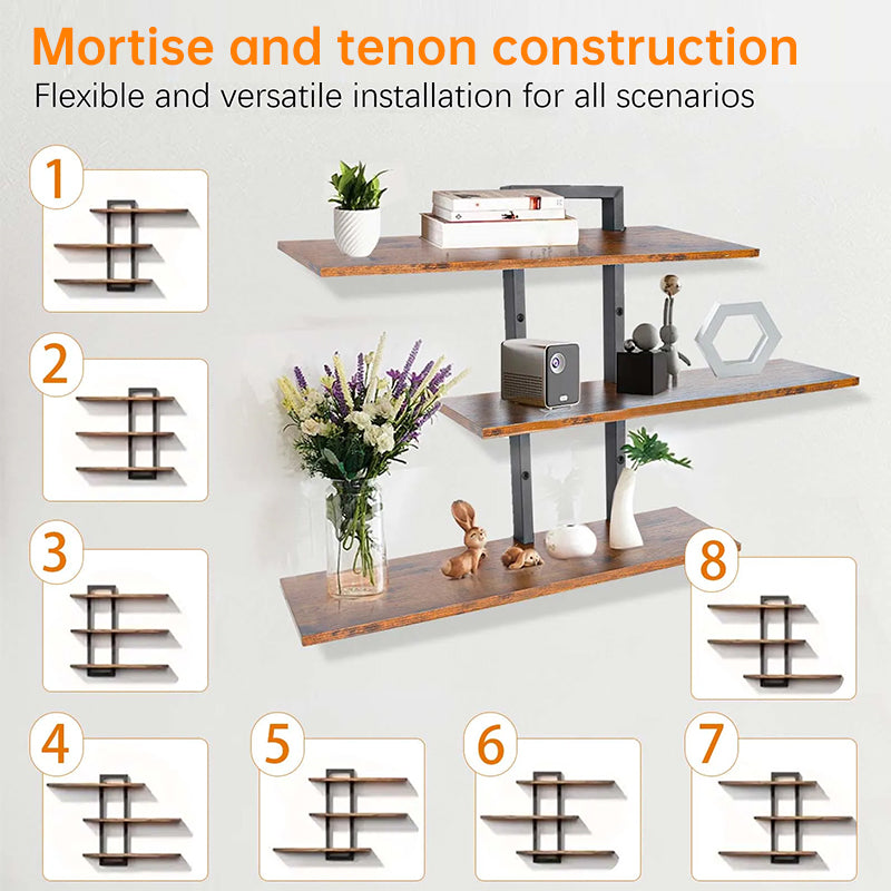 Rustic Wood & Metal Floating Shelves - Wall Mounted Storage for Kitchen/Bathroom
