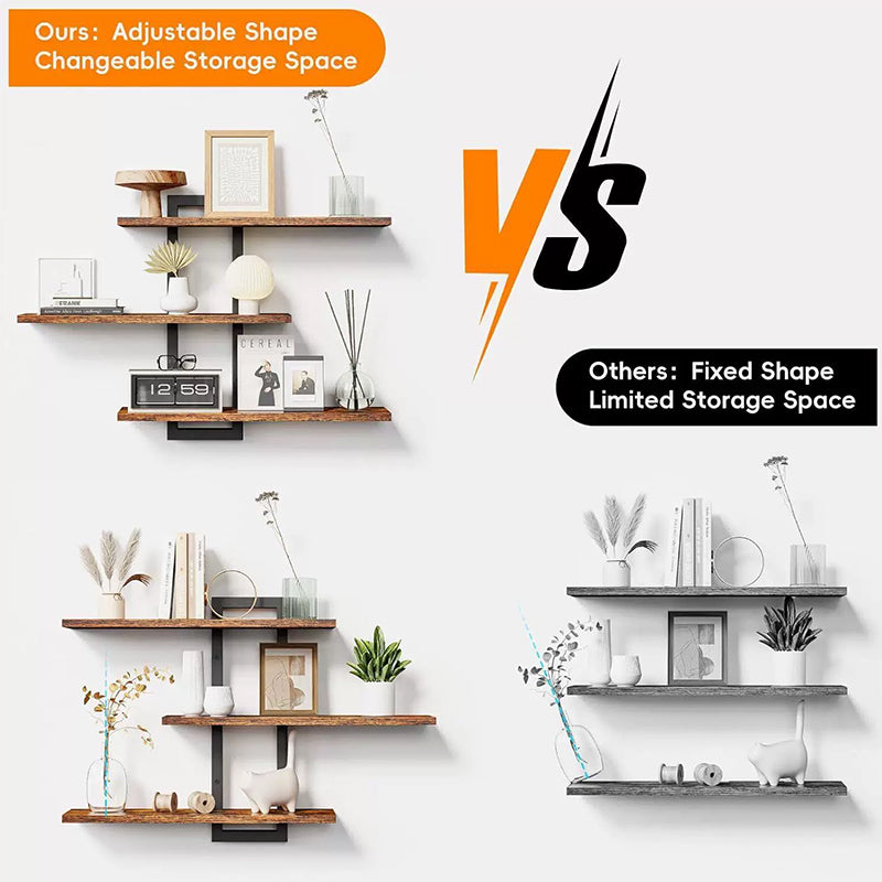 Rustic Wood & Metal Floating Shelves - Wall Mounted Storage for Kitchen/Bathroom