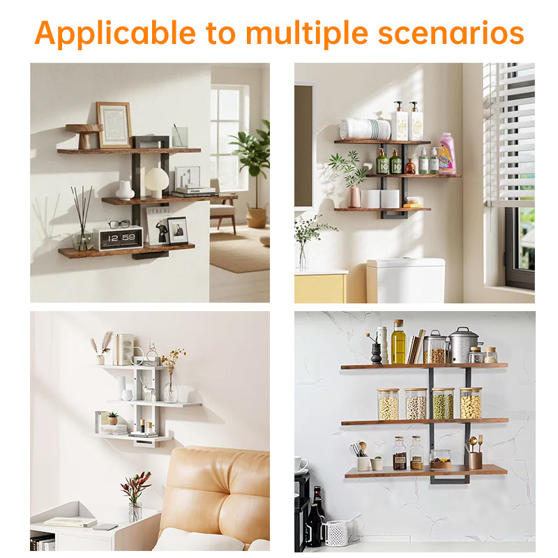 Rustic Wood & Metal Floating Shelves - Wall Mounted Storage for Kitchen/Bathroom
